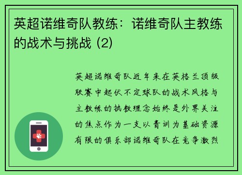 英超诺维奇队教练：诺维奇队主教练的战术与挑战 (2)