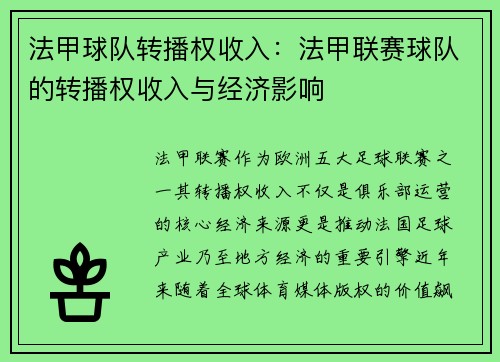 法甲球队转播权收入：法甲联赛球队的转播权收入与经济影响